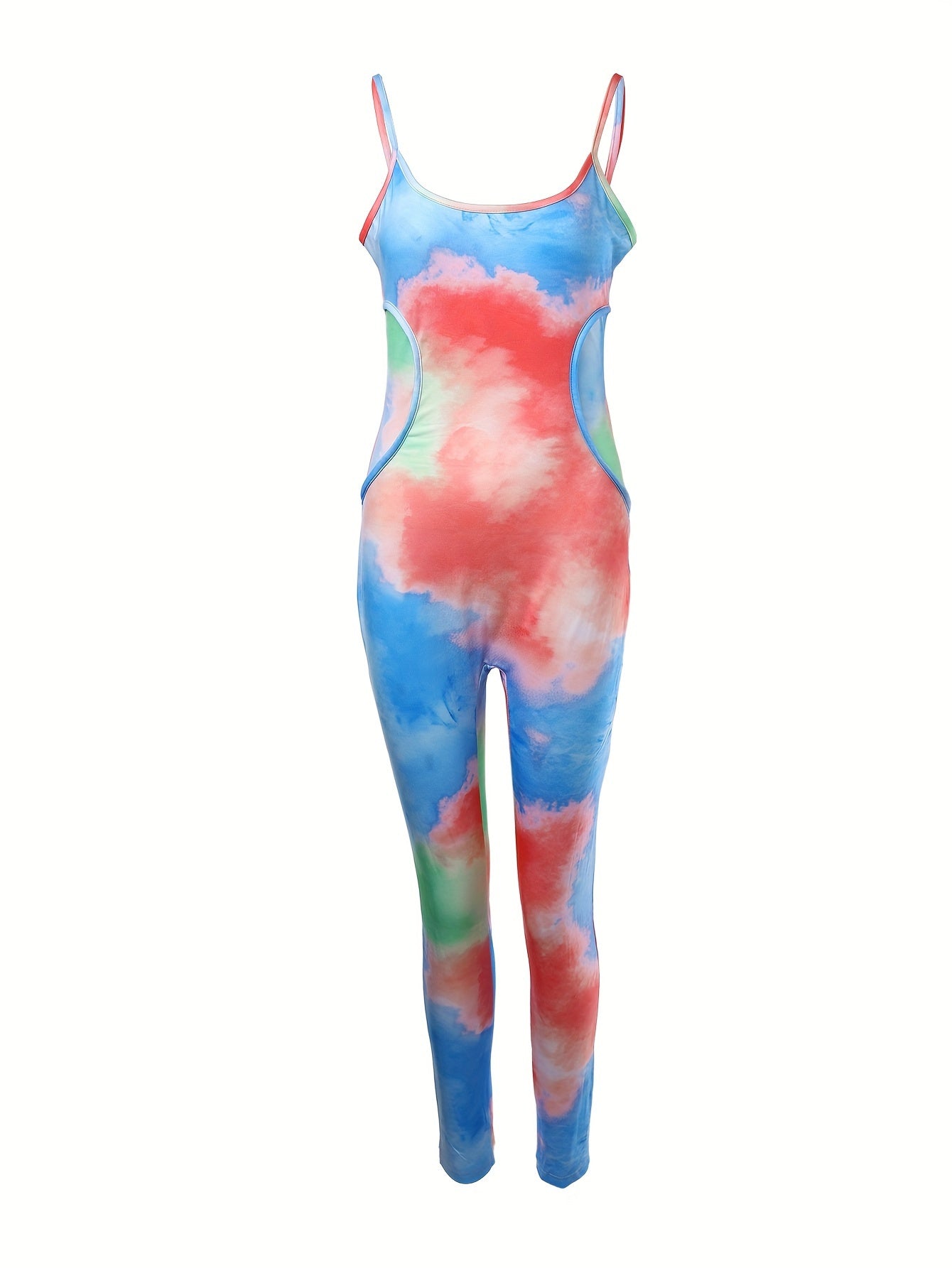 Tie-Dye Stitching Backless Jumpsuit, Scoop Neck Slim Fit Lounge Wear for Women
