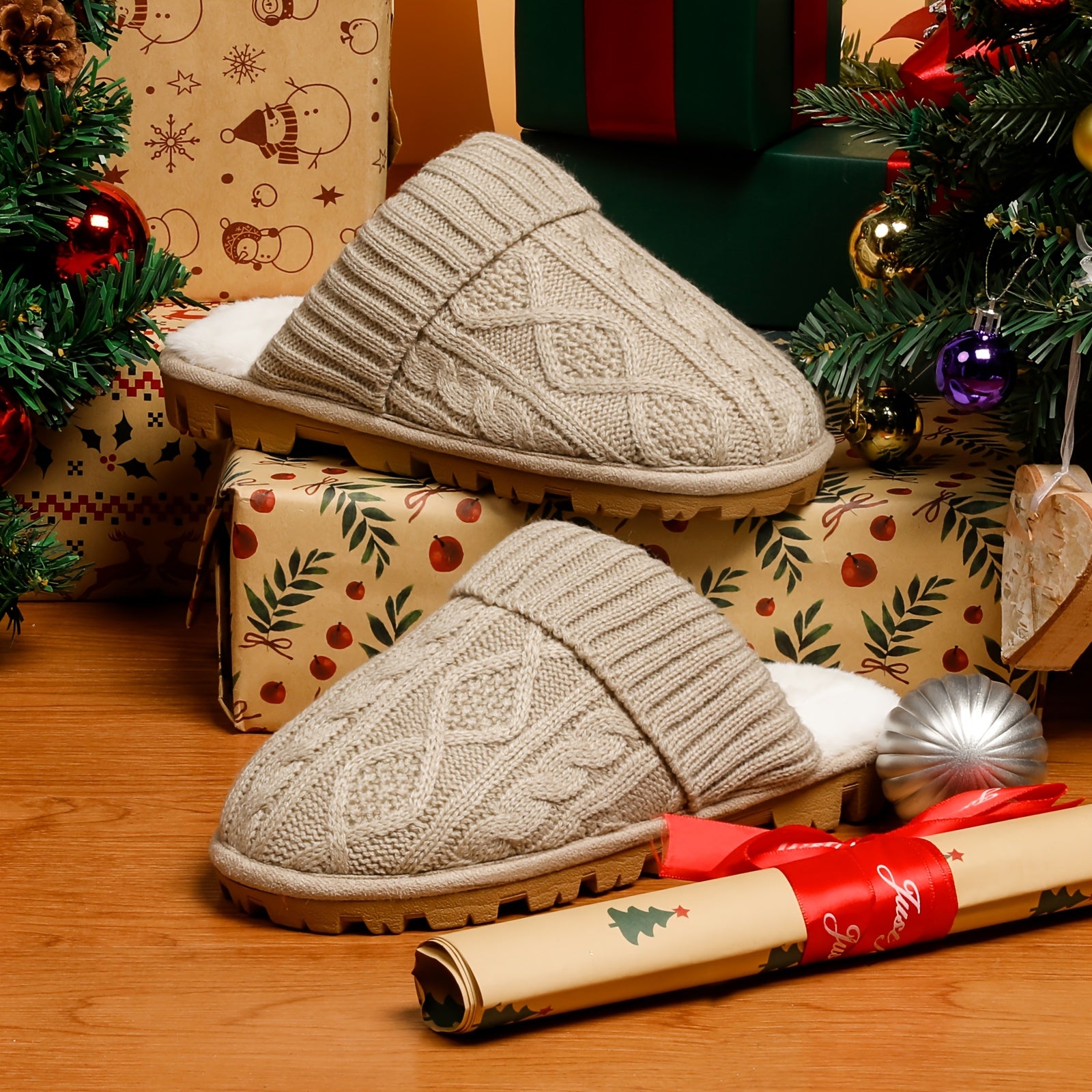 Cozy Women's Plush Lined Slippers with, Non-Slip Sole, Soft Ribbed Cuff – Beige/Light Brown, Perfect Christmas Gift for Friends and Girlfriends, House Slippers, Best for Christmas