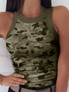 Summer 2025 Women’s Camo Print Sleeveless Tank Top - Sexy Round Neck Vest, Stretch Polyester Knit Fabric, Machine Washable, Olive Green Camouflage Pattern, Casual Shoulder-Baring Design, Summer Casual Wear | Sleeveless Fash