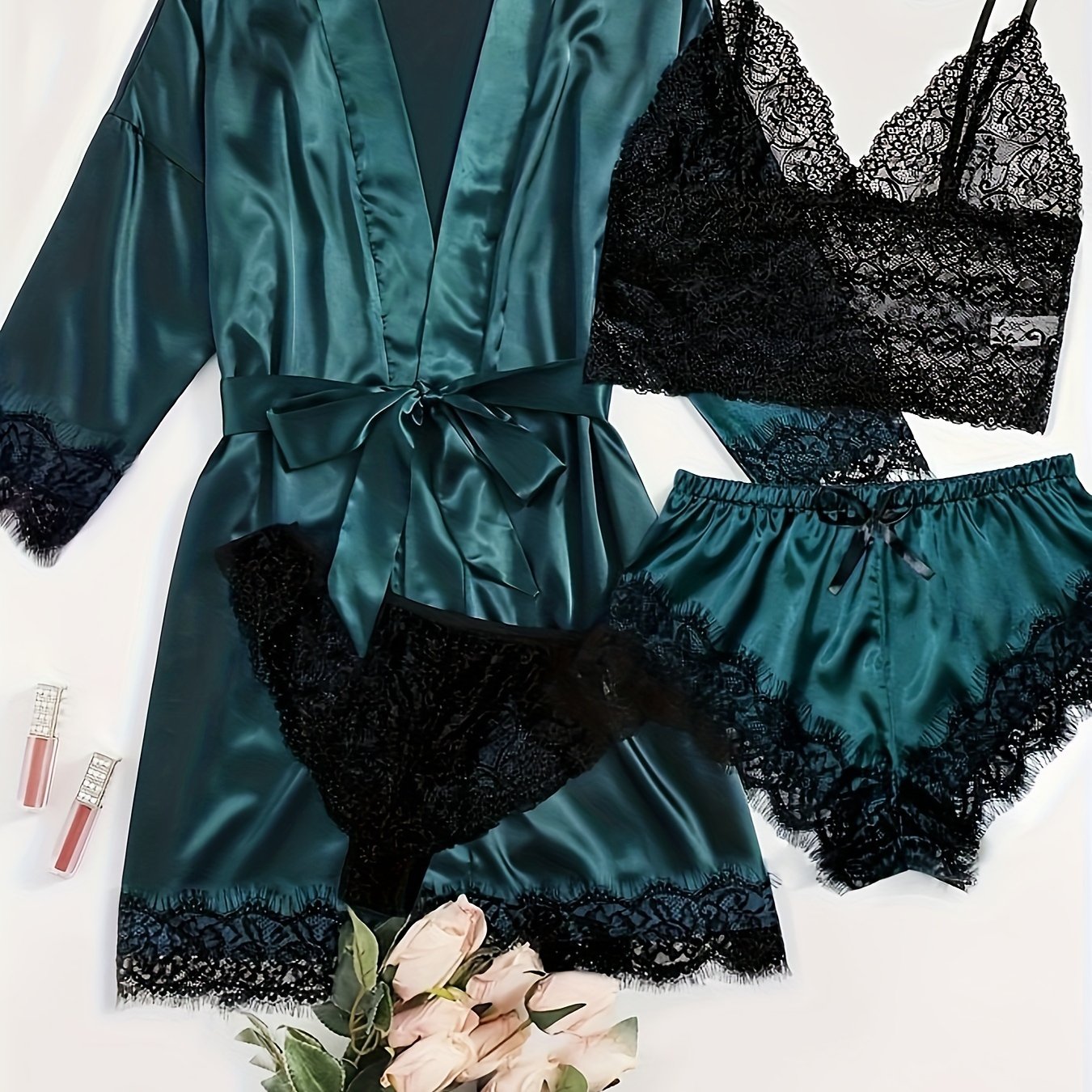 Three Quarter Sleeve Satin Elegant Lounge Set, Contrast Lace Robe With Belt, Cami Bra, Panty, and Elastic Shorts, Women's Loungewear