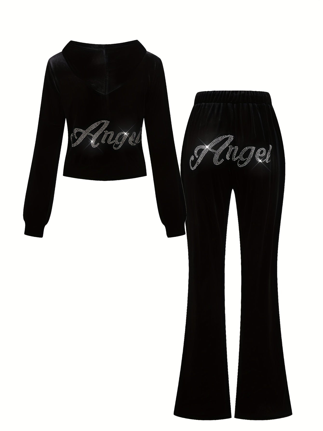 Spring/Summer Black Rhinestone Decorated Hooded Zipper Top and Pocket Pants Women's Casual Sports Suit