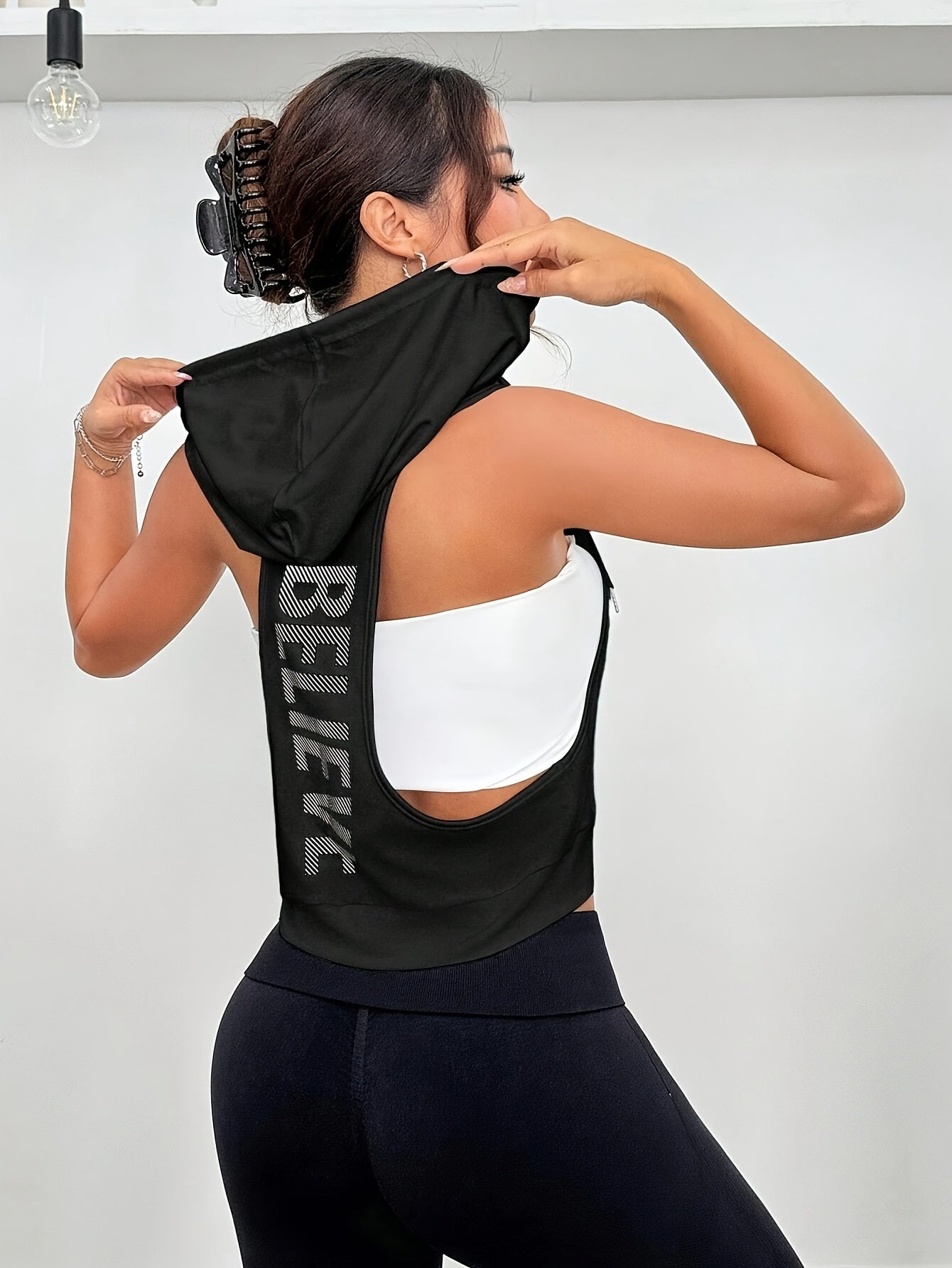 Women's 2pcs Sleeveless Hooded Tank Tops - Stretchy Polyester Activewear, White & Black, Casual Sporty Design, Machine Washable, Spring/Summer Collection