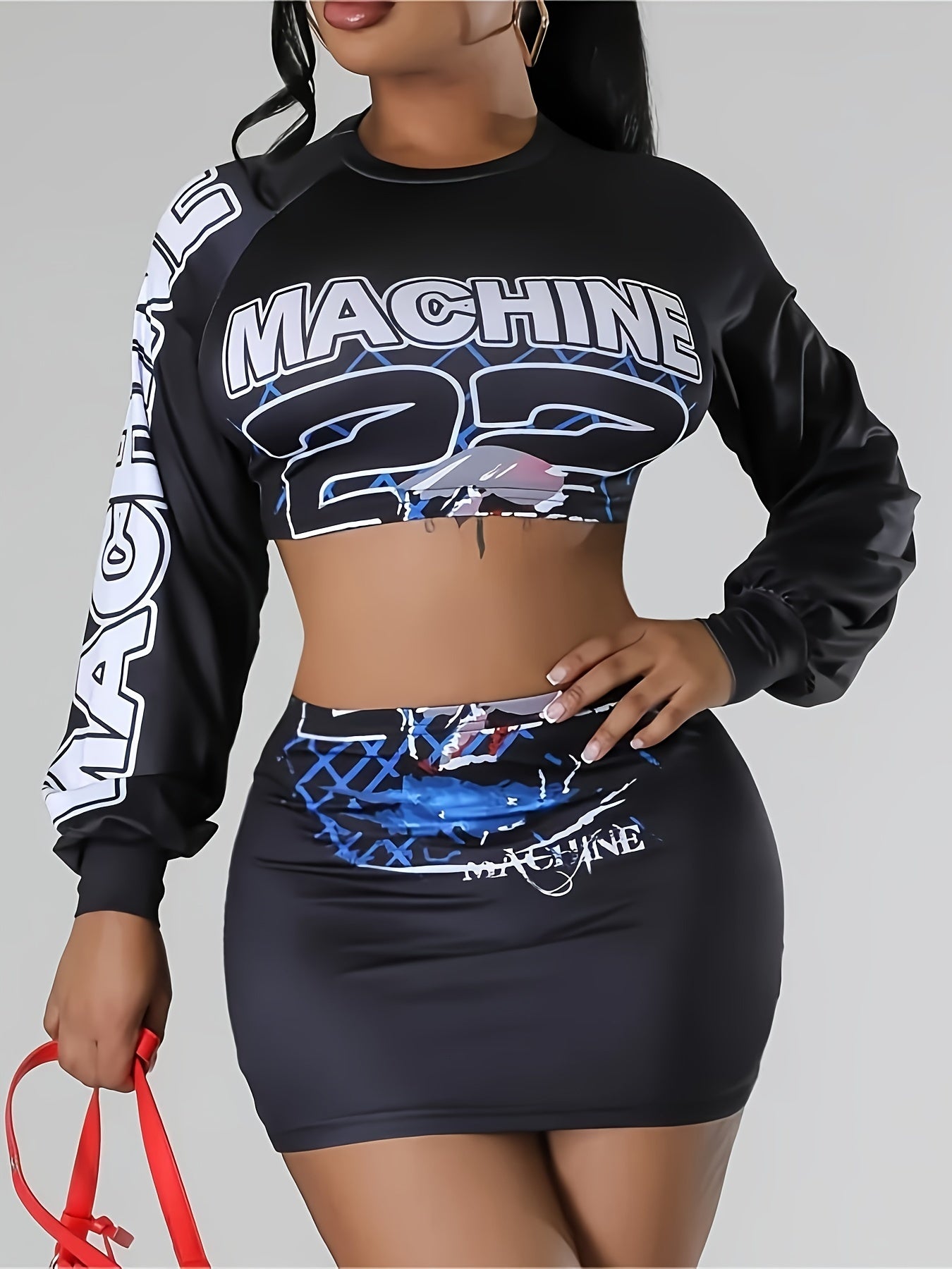 Modern Casualwear] Stylish Red Two-Piece Skirt Set with "MACHINE" Print & Lantern Sleeves - Casual Polyester Blend Crop Top & Mini Skirt, Machine Washable - Perfect for Spring/Fall, Casual Wear Set|Trendy Crop Top|Knit Constr