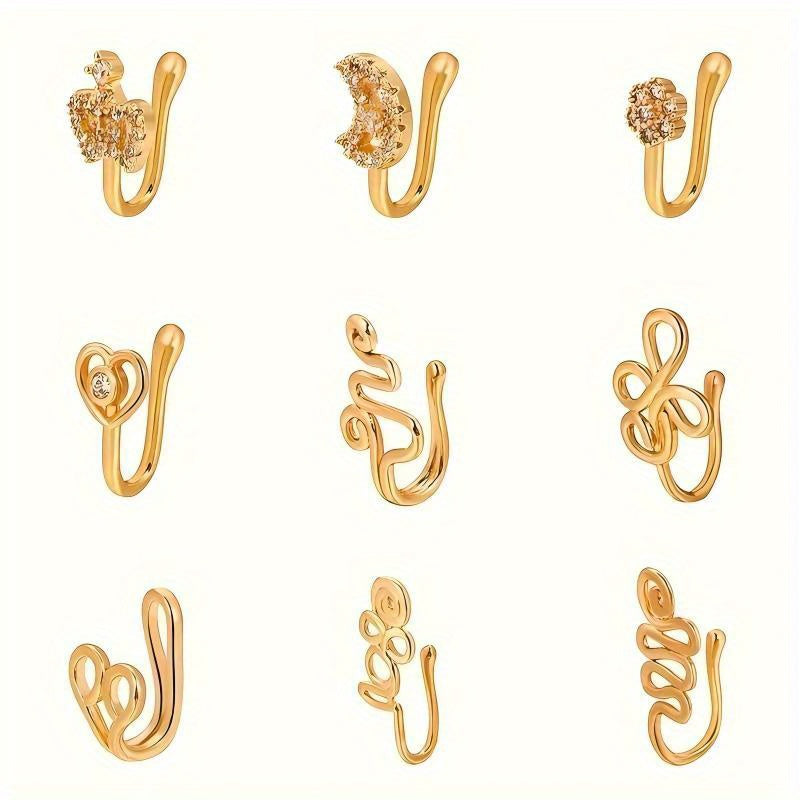 9pcs Non Piercing Nose Rings Nose Clip Copper with Zirconia U Shape Star Love Crown Nose Ring Non Piercing Nose Jewellery No Piercing Required