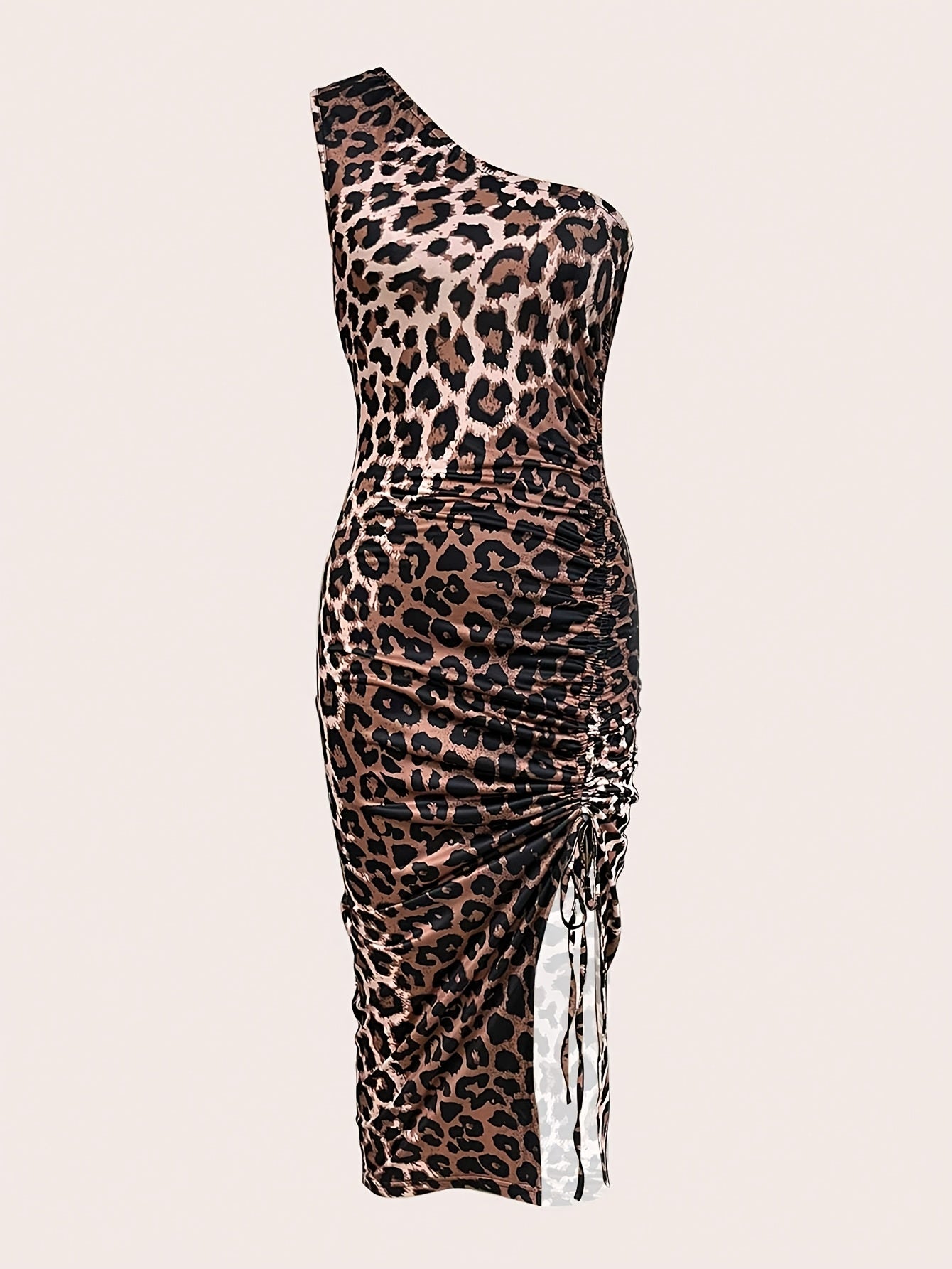 Women's Sexy One-Shoulder Leopard Print Bodycon Dress with High Thigh Slit - Mid-Length Ruched Detailing & Drawstring Waist, Machine Washable All-Season Clubwear or Casual Outfit, Party Attire | Formfitting Silhouette
