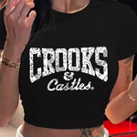CROOKS & CASTLES Women's Y2K Graphic Crop Top - Vibrant Red with Bold Black Letter Print, Lightweight Summer Short Sleeve Shirt, Round Neck Casual Streetwear, Machine Washable, Trendy Outfit | Nontransparent Material