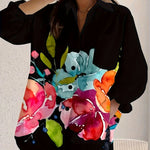 Plus Size Women's Floral Print Button-Up Casual Shirt, Vibrant Red & Pink Flowers on Navy Blue, Lightweight & Breathable for Spring & Summer, Hand Wash Only, Classic Collar Design, Spring Summer Top | Classic Collar Shirt | H