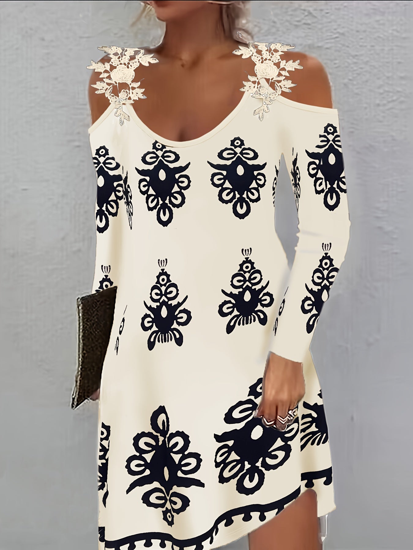Elegant Off-Shoulder Printed A-Line Dress - Dacron and Spandex Blend, Polyester 95%, Elastane 5%, Knit Fabric - For All Seasons - For Women - Perfect for Parties, Weddings & Casual Occasions - Great Gift for Her