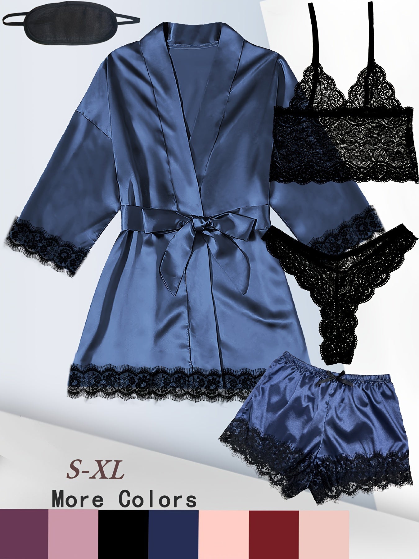 Women's Plus Sexy Lounge Set - Plus Size Satin Contrast Eyelash Lace Belted Nightgown & Camisole & Panty & Shorts With Free Eye Mask - For Women - Perfect for Lounging & Sleepwear - Ideal Gift for Her