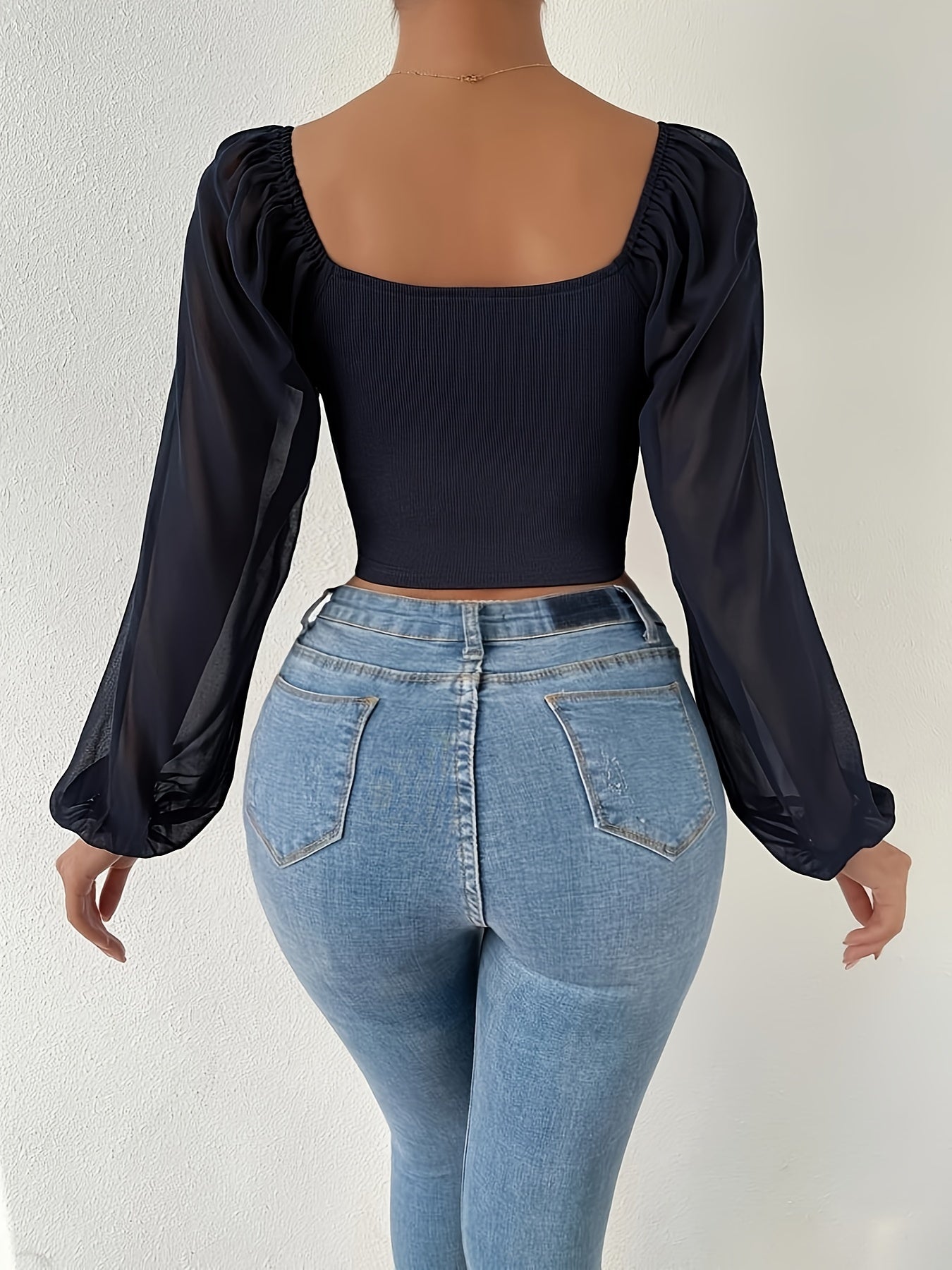 Drawstring Sweetheart Neck Crop Top, Casual Illusion Lantern Sleeve Top For Spring & Fall, Women's Clothing