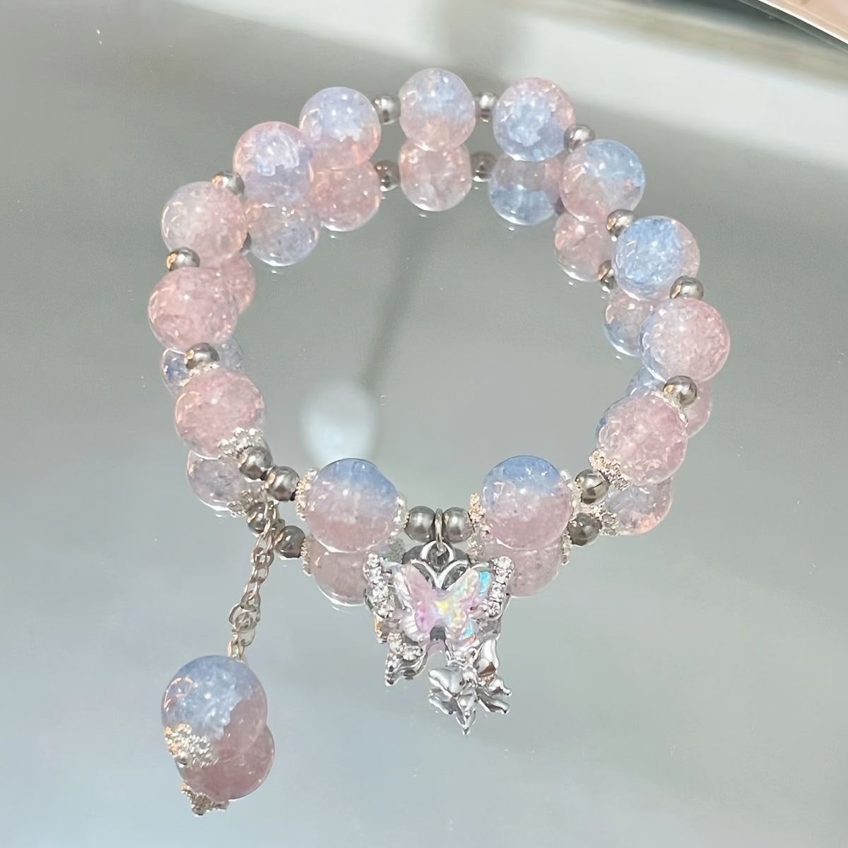 (100pcs) 4pack Glossy Long Ballerina Fake Nails + 4pcs Bracelet Blue Gradient Press On Nails With 3D Flower Butterfly Rhinestone Design Beads Bangle Sparkling Full Cover FalseNails For Women Girls