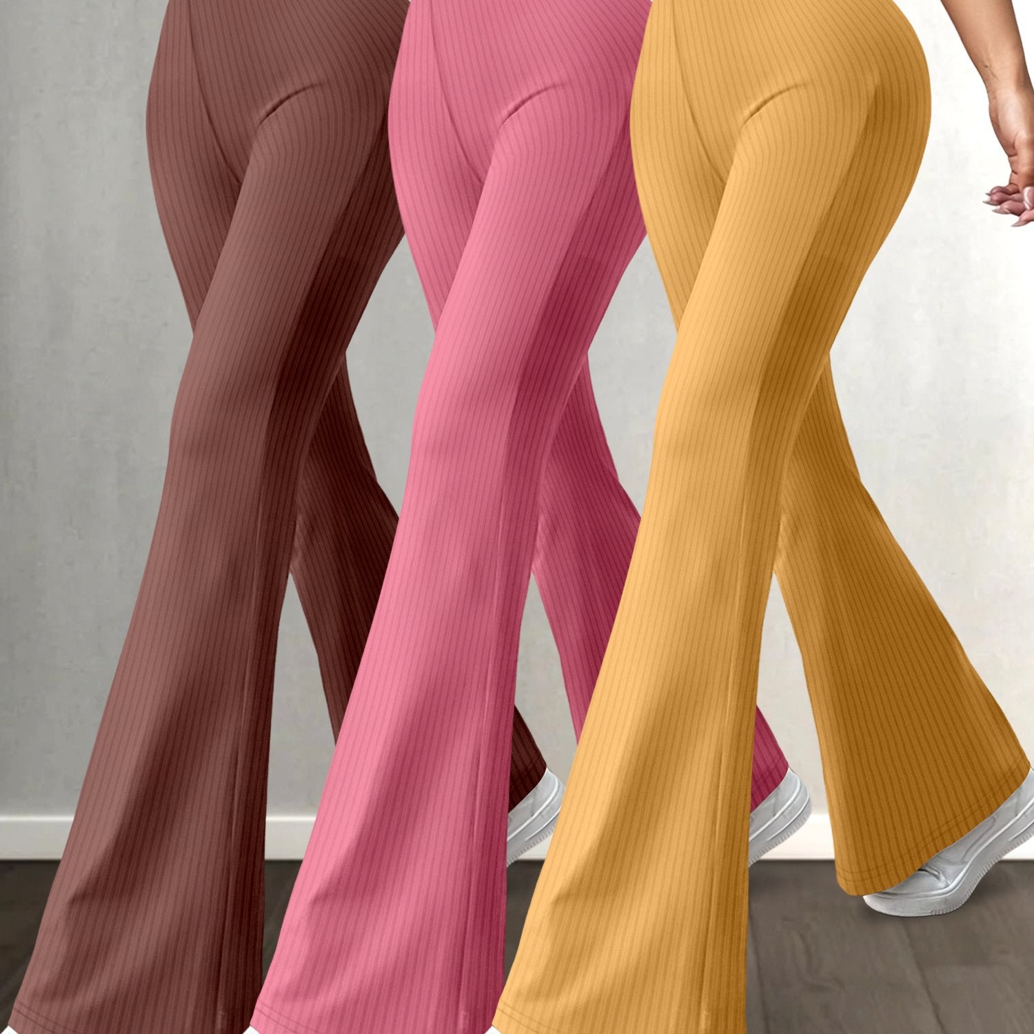 3pcs High-Waist Solid Color Flare Leg Pants for Women - Stretchy & Comfortable, Versatile Casual Yoga Pants in Black, Brown, & Maroon - Durable Polyester/Spandex Blend, Machine Washable