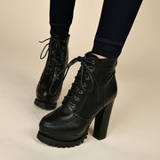 Fashion Ankle Booties for Women - Round Toe Lace-Up Block Heel Boots, Solid Color, Man-Made Upper, Fabric Lining, Rubber Sole, Fabric Insole, with Waterproof Platform - For Women - Suitable for All Seasons - Perfect Gift for