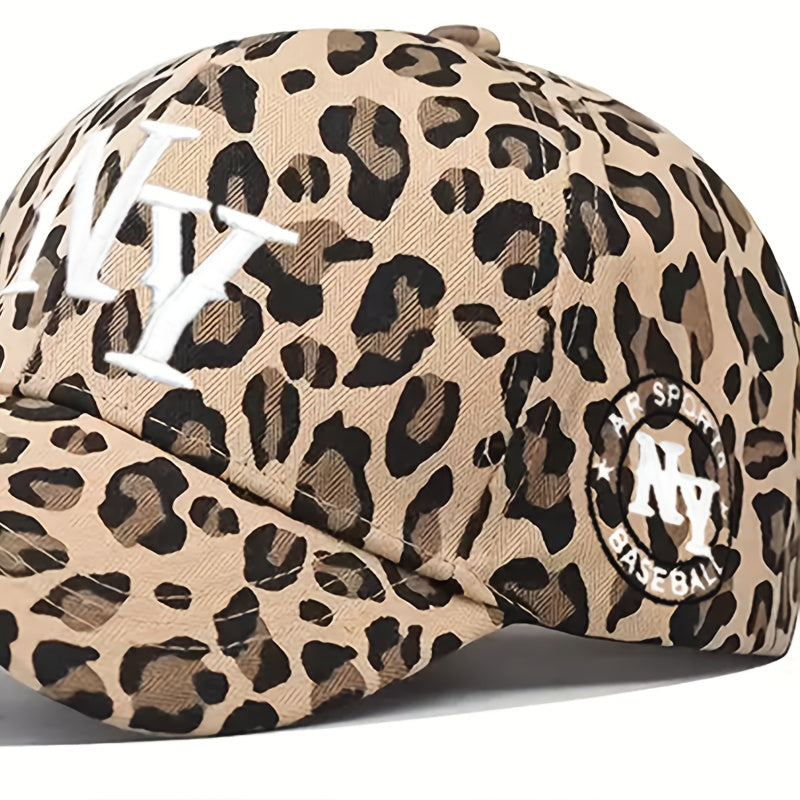 Leopard Print Baseball Cap, Breathable Adjustable Trucker Hat with Embroidered "NY" for Women & Men