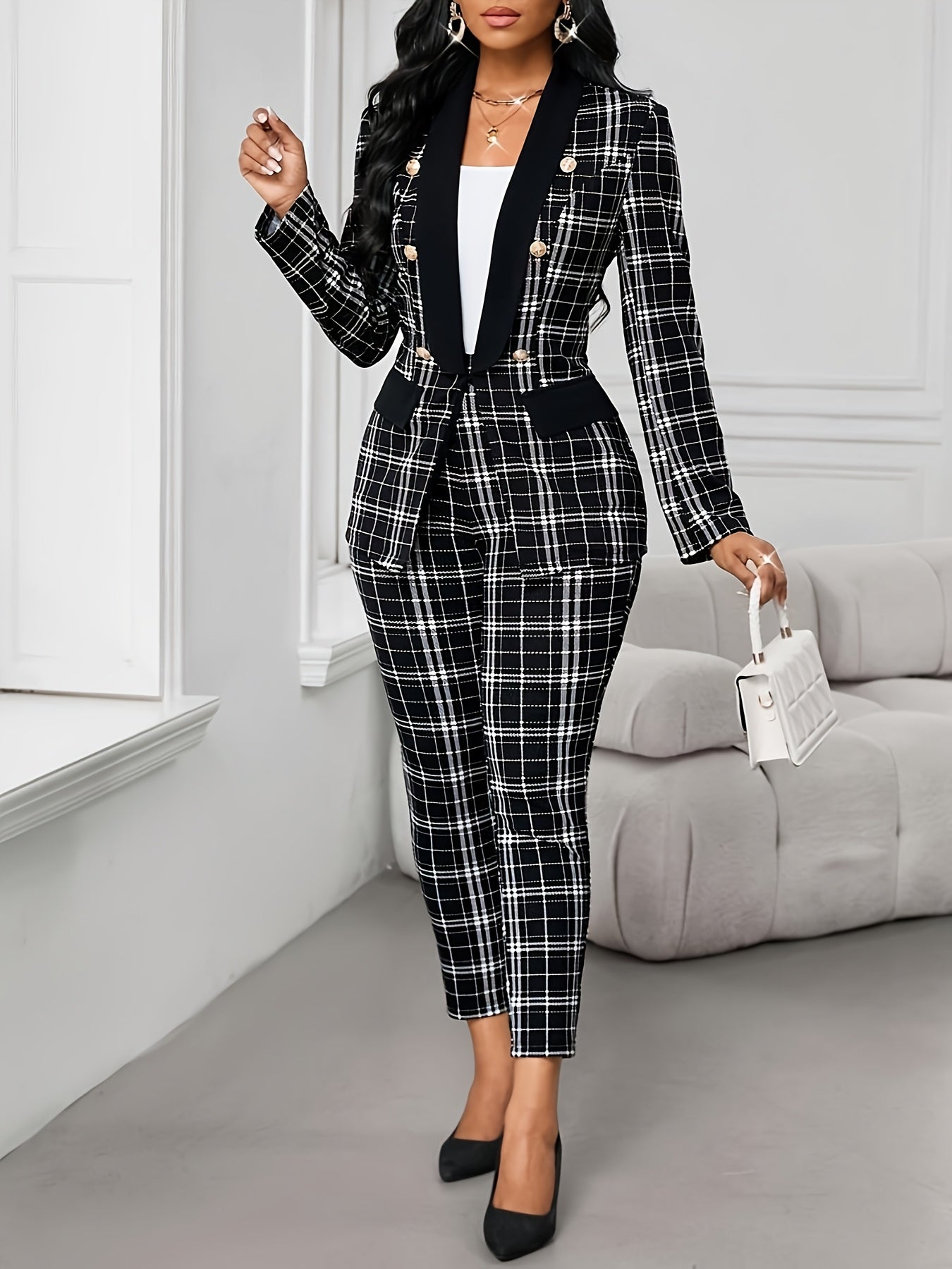 Elegant Geometric Print Plaid Blazer & Pants Set - Black & White Checkered, Long Sleeve, Button-Up, Casual Western Style, Elastic Waist, Pockets, Polyester Blend, Fall & Spring Attire for Women, Casual Attire|Modern Casualwea
