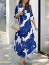 Abstract Print Button Front Shirt Dress, Elegant 3/4 Sleeve Maxi Dress For Spring & Fall, Women's Clothing