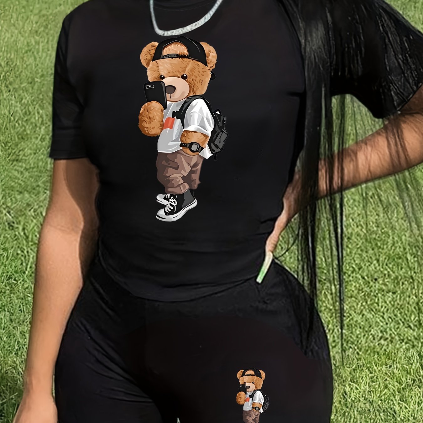 Bear Print Summer & Spring Casual Two-piece Set, Crew Neck Short Sleeve Top & Shorts Outfits - Women's Clothing - Breathable & Comfortable Fabric - Perfect for Casual Outings, Vacation & Daily Wear - Ideal Gift for Women