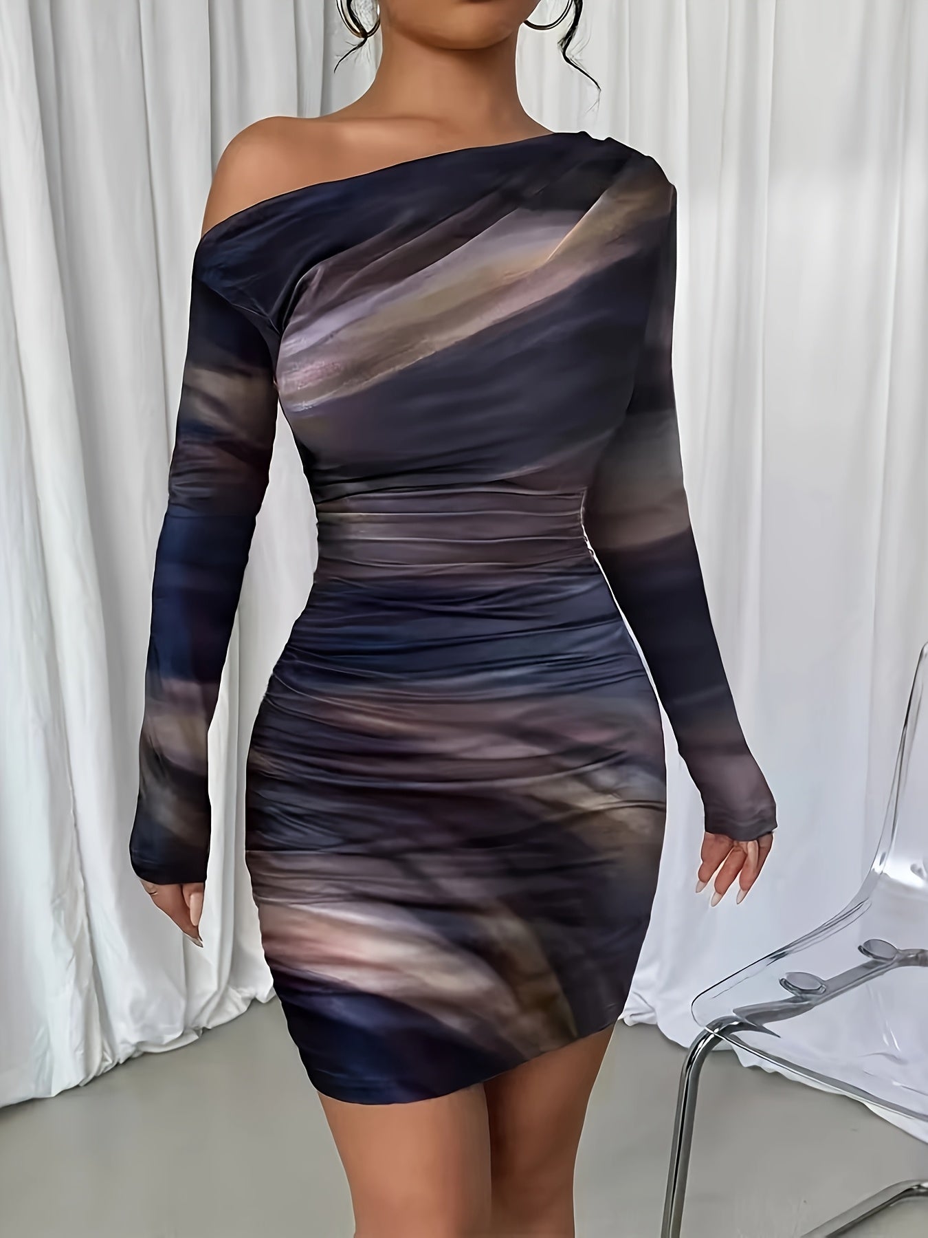 Elegant Asymmetrical Neck Tie-Dye Long Sleeve Bodycon Dress - Green & Black Marble Pattern, Skinny Fit, Perfect for Adult Women, Stylish Evening Attire|Asymmetrical Neckline|Tie Dye Pattern