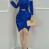 Elegant Off-Shoulder Blue Midi Dress for Women - Chic Chain Detail, Long Sleeves, Ruched Bodycon Fit, Polyester, Machine Washable - Perfect for Evening & Vacation