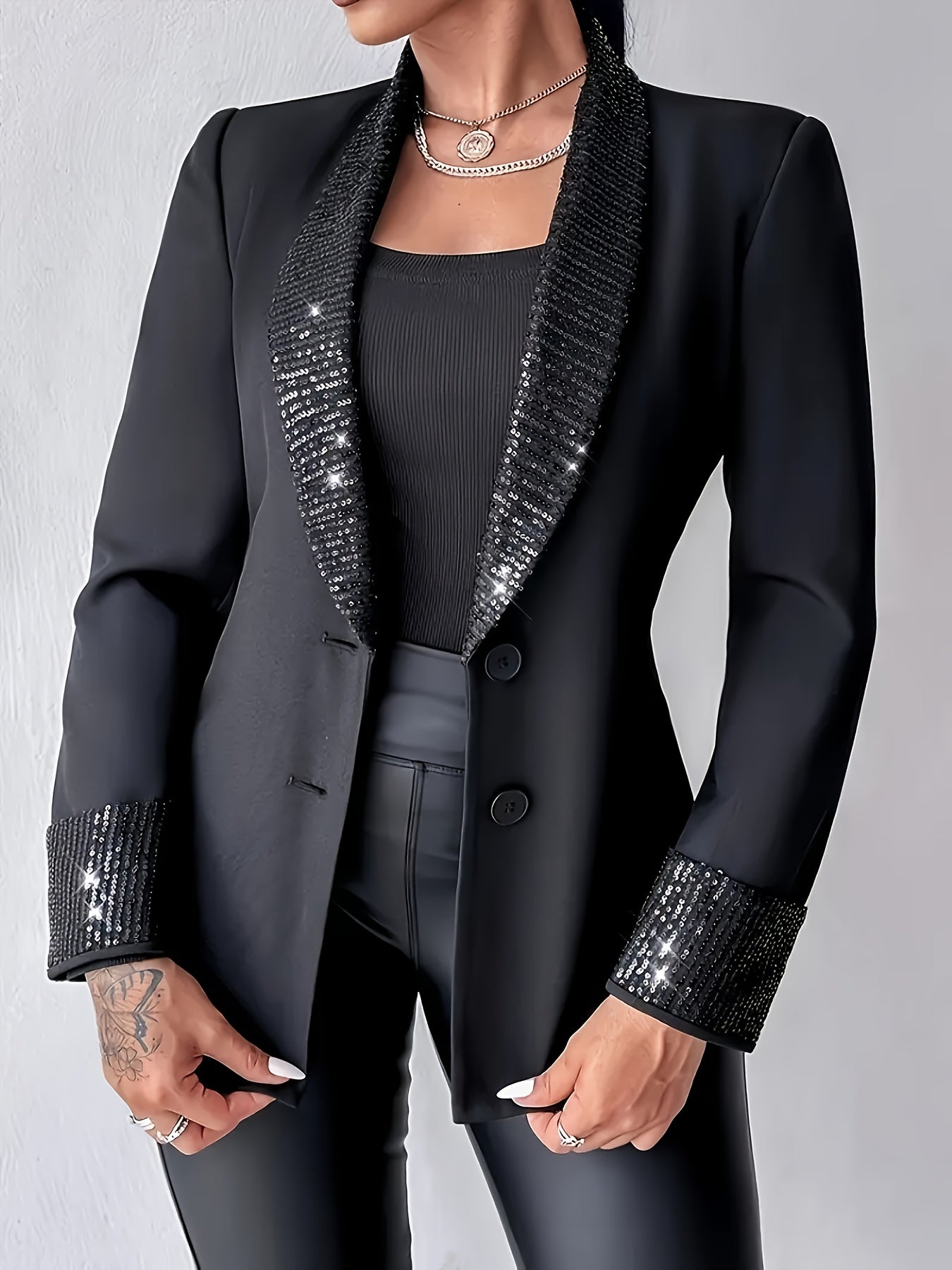 Elegant Women'S Jacket with a Round Collar And Sequined Cuffs, Featuring Long Sleeves.