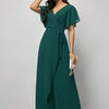 Elegant Green V-Neck Jumpsuit for Women - Solid Color, Wide Leg with Ruffle Sleeves & Tie Waist, Lightweight Polyester, Machine Washable - Perfect for Spring & Summer
