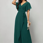 Elegant Green V-Neck Jumpsuit for Women - Solid Color, Wide Leg with Ruffle Sleeves & Tie Waist, Lightweight Polyester, Machine Washable - Perfect for Spring & Summer
