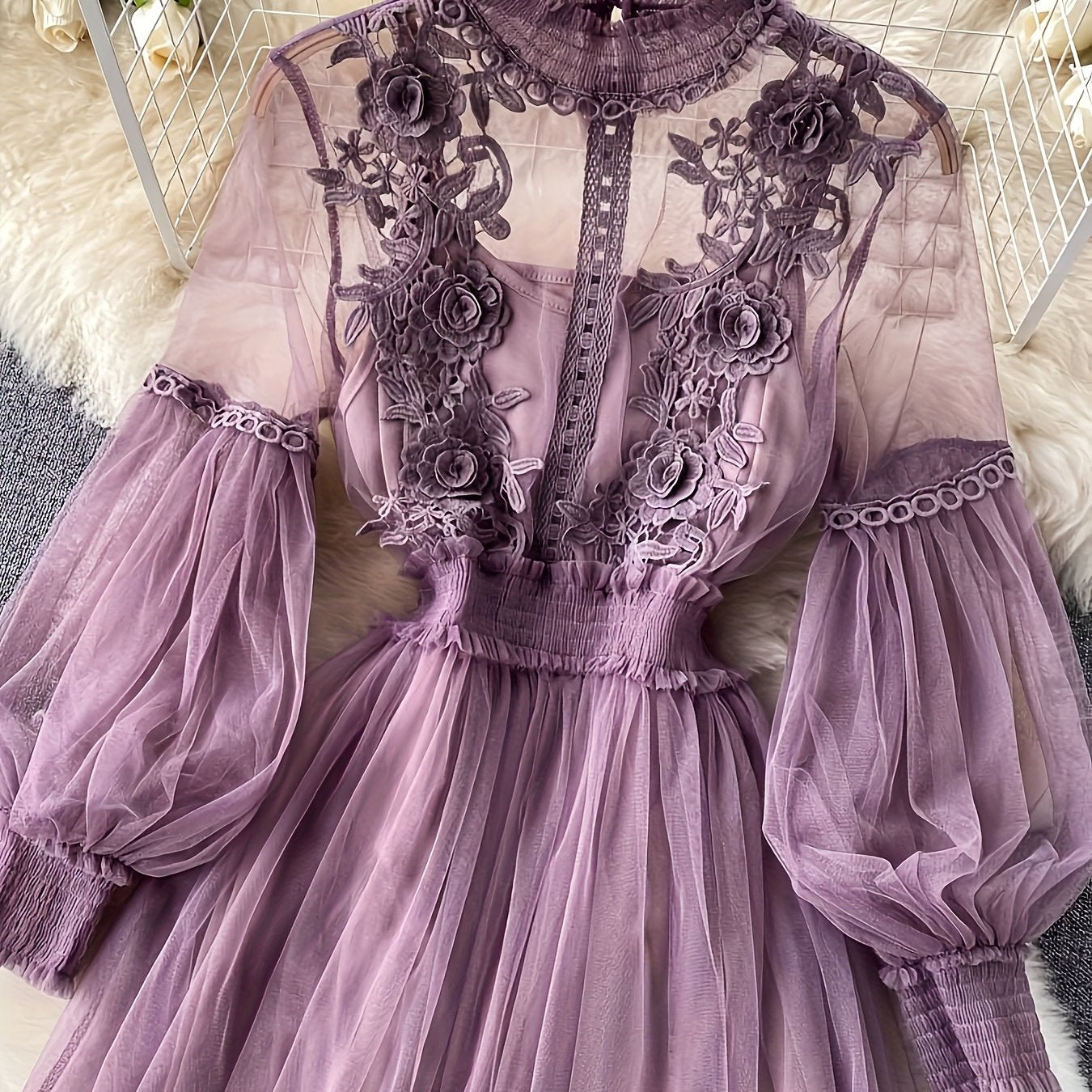 Plus Size Dresses Women'S Fashion Three-dimensional Flower Collage Sheer Mesh Balloon Sleeve Slim Long Dress Light Luxury Design Sense Women'S Chiffon Lace Shirt Suspender Base Shirt, Luxury Gift For Women