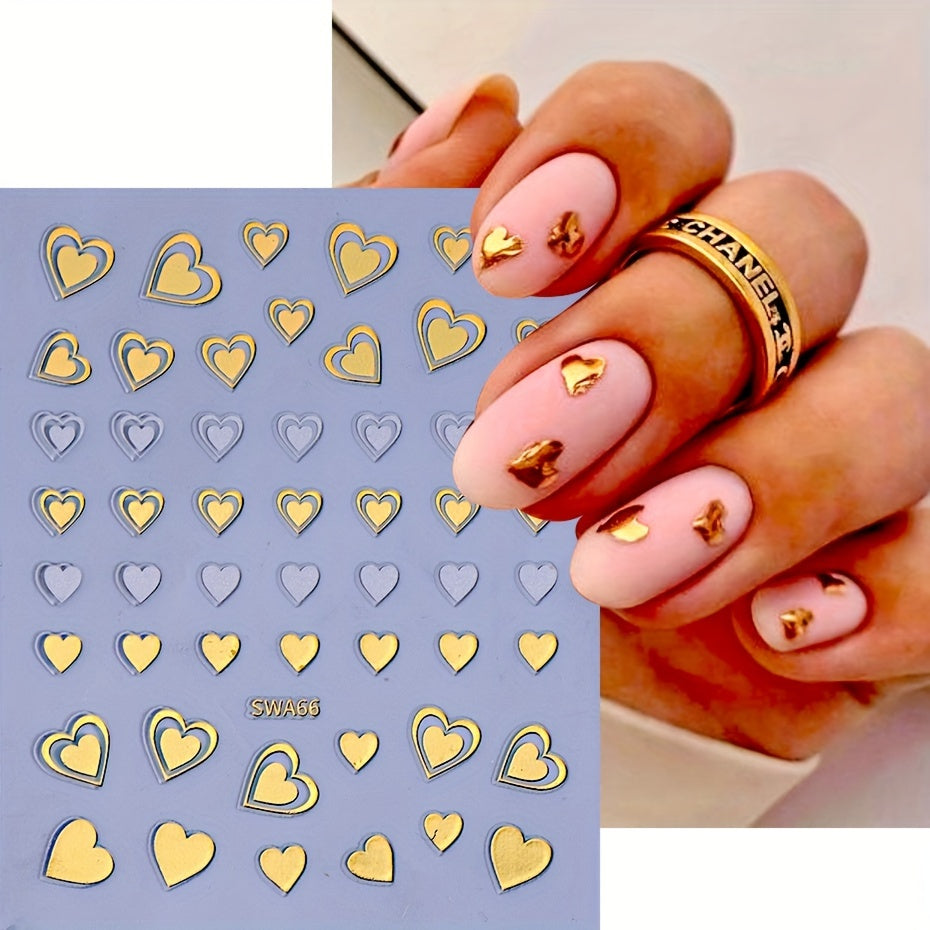 8pcs Rectangle Self-adhesive Glossy Plastic Nail Stickers, Pink Black White, Heart Pattern, Valentine Design, Golden Geometry Wave Lines Stripe Stars, Fantasy Theme, with Glitter, for Manicure Decoration