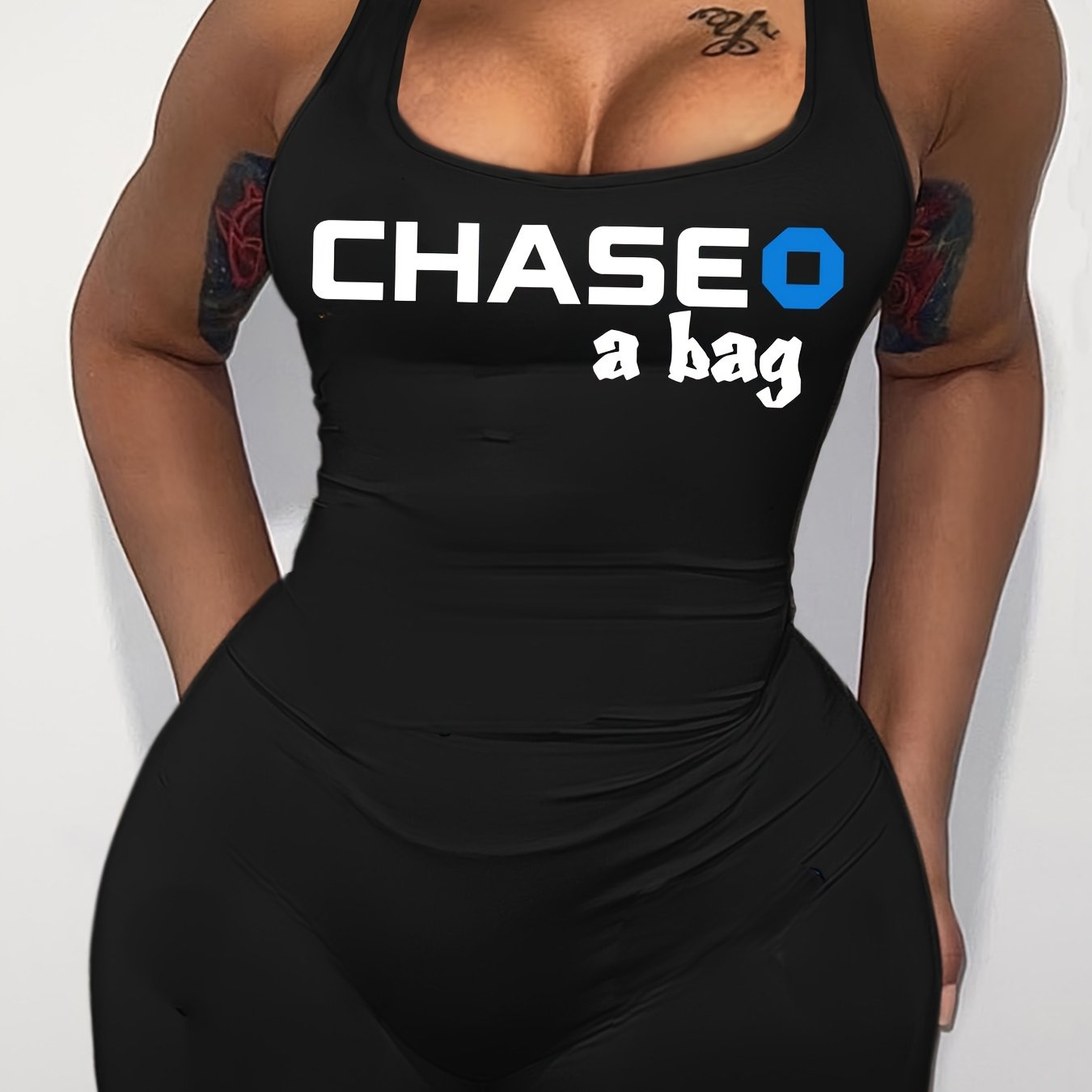 Women'S Sexy Black Bodycon Jumpsuit with "CHASE" Print - Backless Design, Square Neck, All-Season Fashion, Adult Size, Adult Fashion Jumpsuit | Backless Fashion | Letter Print Top, Plus Size Clothing