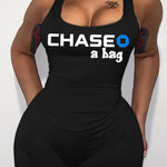 Women'S Sexy Black Bodycon Jumpsuit with "CHASE" Print - Backless Design, Square Neck, All-Season Fashion, Adult Size, Adult Fashion Jumpsuit | Backless Fashion | Letter Print Top, Plus Size Clothing