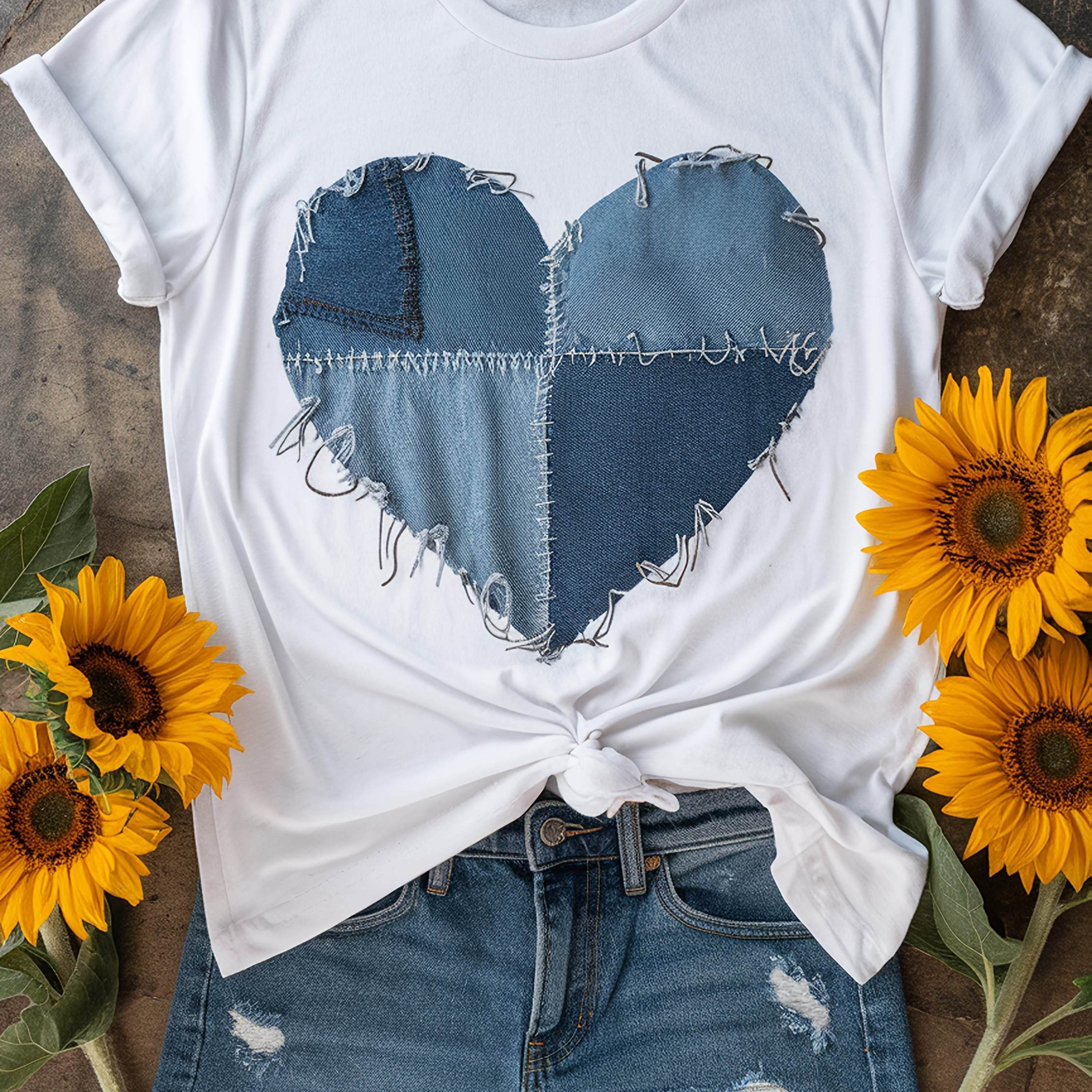 Women's Soft Heart Print T-Shirt - Casual Crew Neck Short Sleeve Top with Denim-Like Patchwork Design, Perfect for Valentine's Day or Casual Attire, Ladies T Shirts