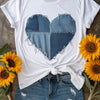 Women's Soft Heart Print T-Shirt - Casual Crew Neck Short Sleeve Top with Denim-Like Patchwork Design, Perfect for Valentine's Day or Casual Attire, Ladies T Shirts