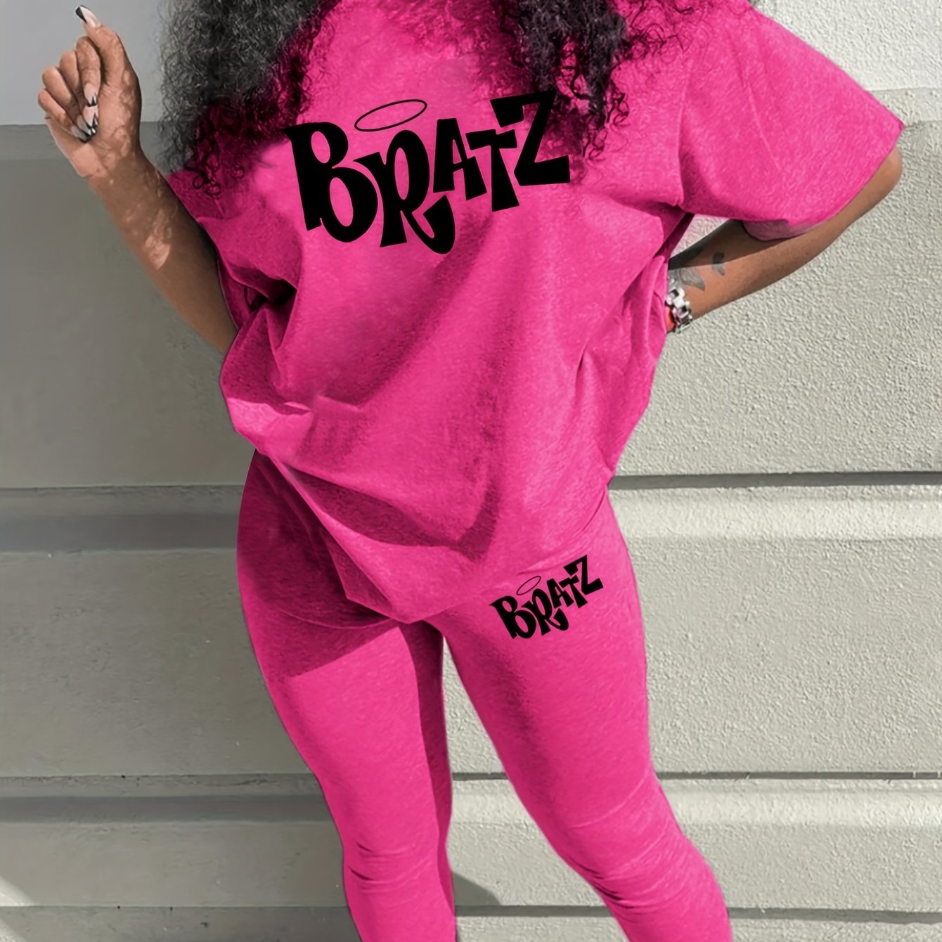 Bratz Letter Print Two-piece Set, Casual Short Sleeve Loose T-shirt & Skinny Pants Outfits, Women's Clothing