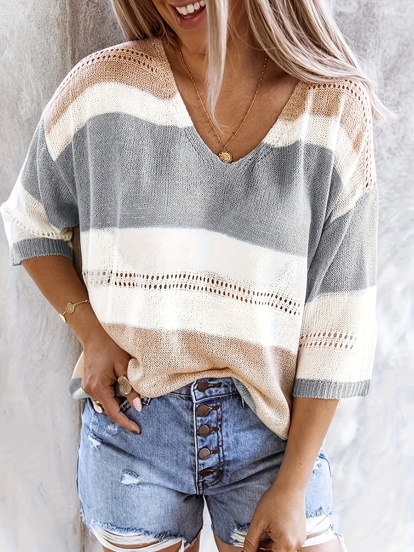 Lightweight Color Block V-Neck Sweater - Fashionable Half Sleeve Knit Top for Spring & Summer - Stylish, Comfortable, Versatile Womens Clothing for Transition Seasons
