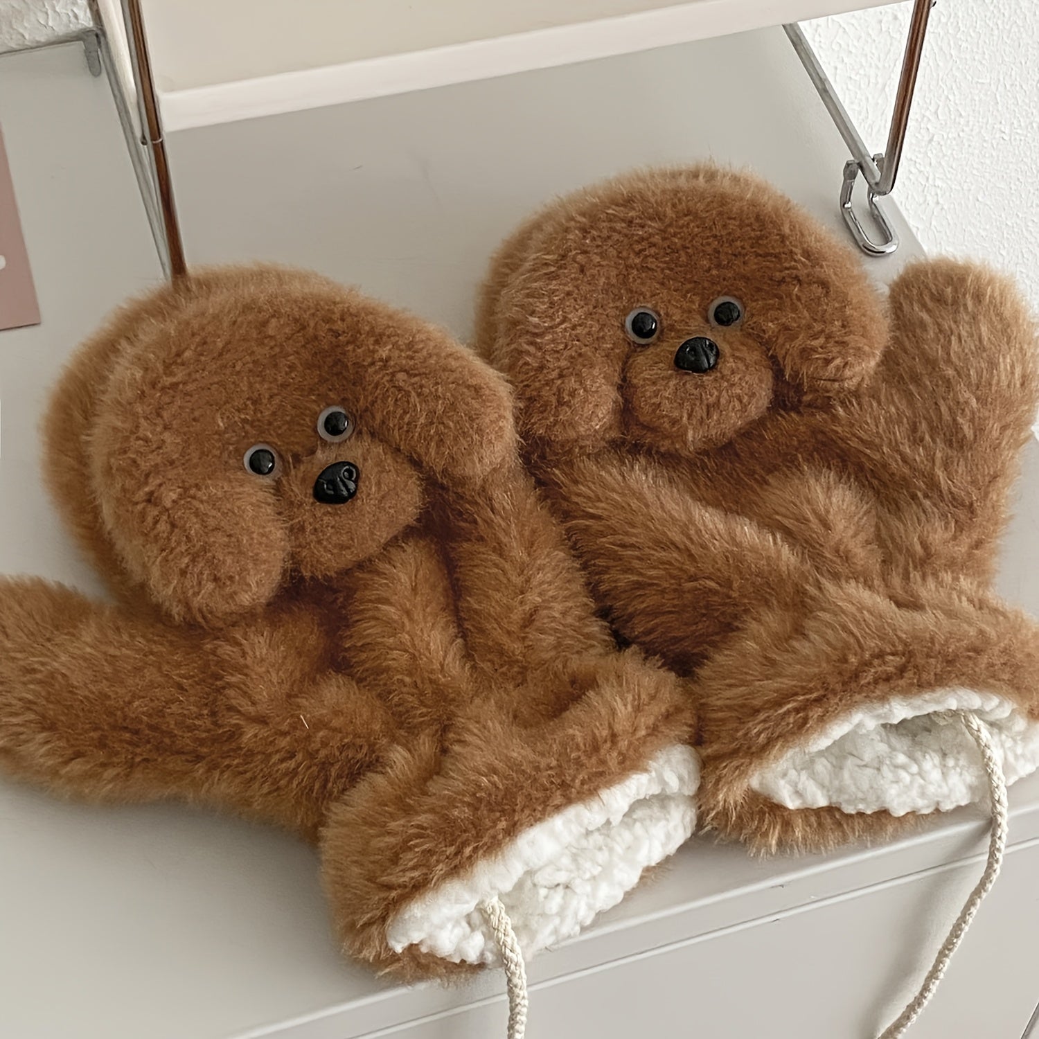 Teddy Dog Plush Mittens, Cute Animal Pattern Polyester Gloves, Inelastic, Decorative & Windproof, with Hand Wash/Dry Clean, for Casual Weekend Wear, Warmth & Style, Unique Valentine'S Gift