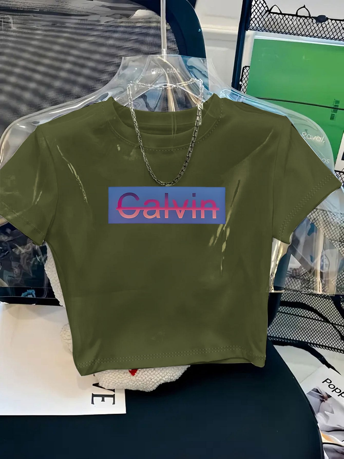 Women's Y2K Style Cropped T-Shirt with Bold CALVIN Monogram Print - Vibrant Red & Blue Lettering, Soft Comfortable Fabric, Machine Washable, Versatile Casual & Dressy Outfits