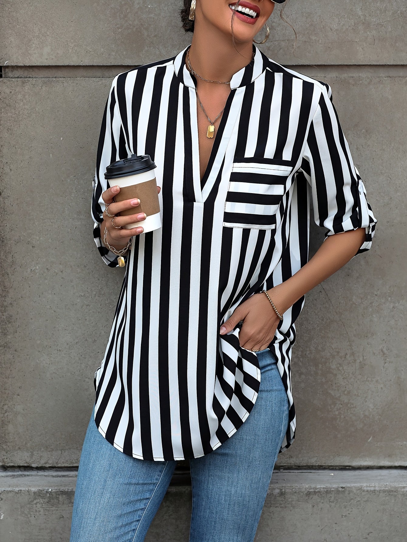Striped Notch Neck Loose Blouse, Casual Roll-Up Sleeve Blouse for Spring & Fall, Women's Casual Tops