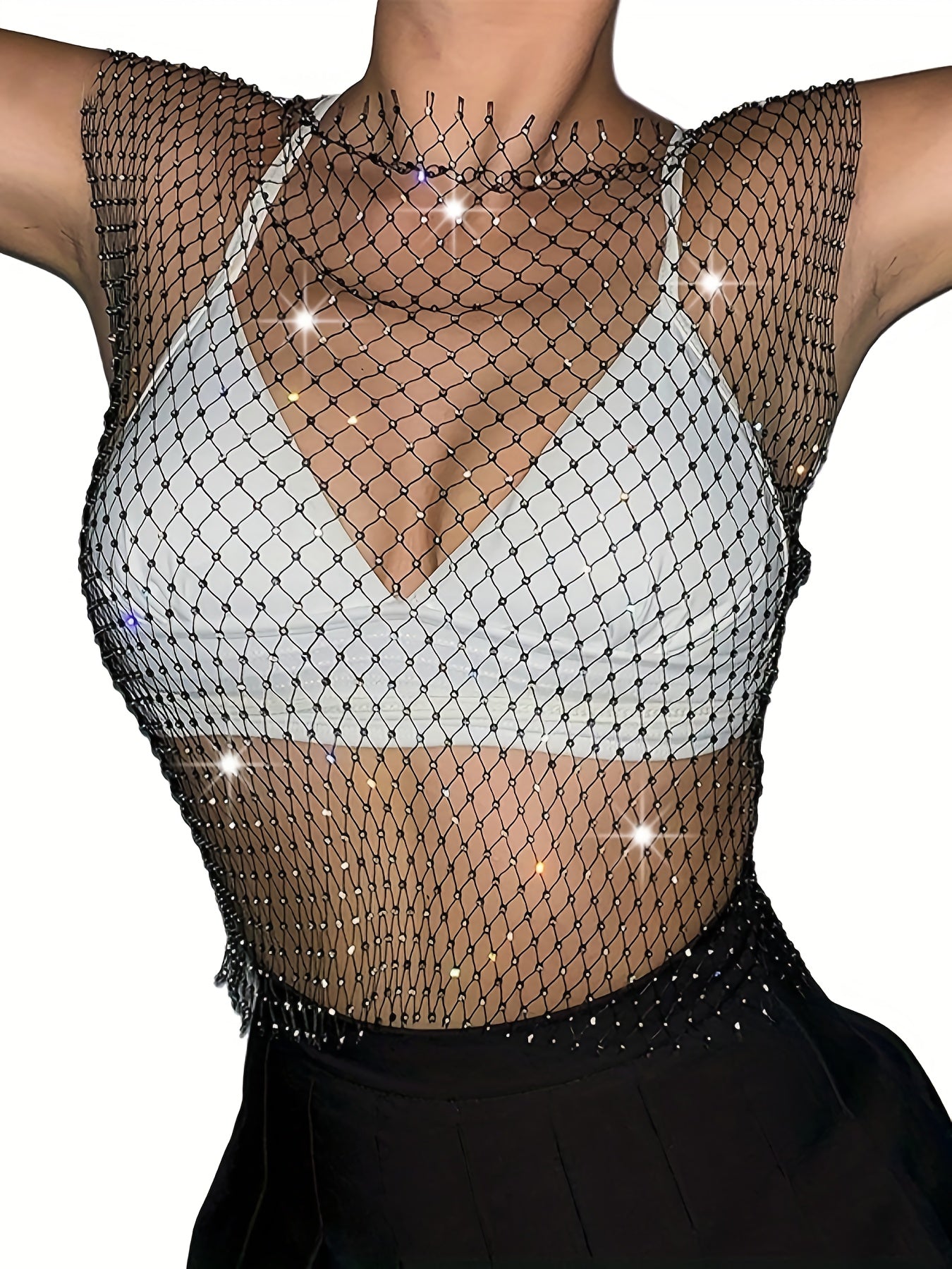 Women’s Rhinestone Fishnet Tank Top - Sleeveless V-Neck, Stretchy & Sheer Glitter Mesh for Party & Clubwear, White, Trendy Outfit | Sparkly Fishnet Design | Stretchy Mesh Fabric