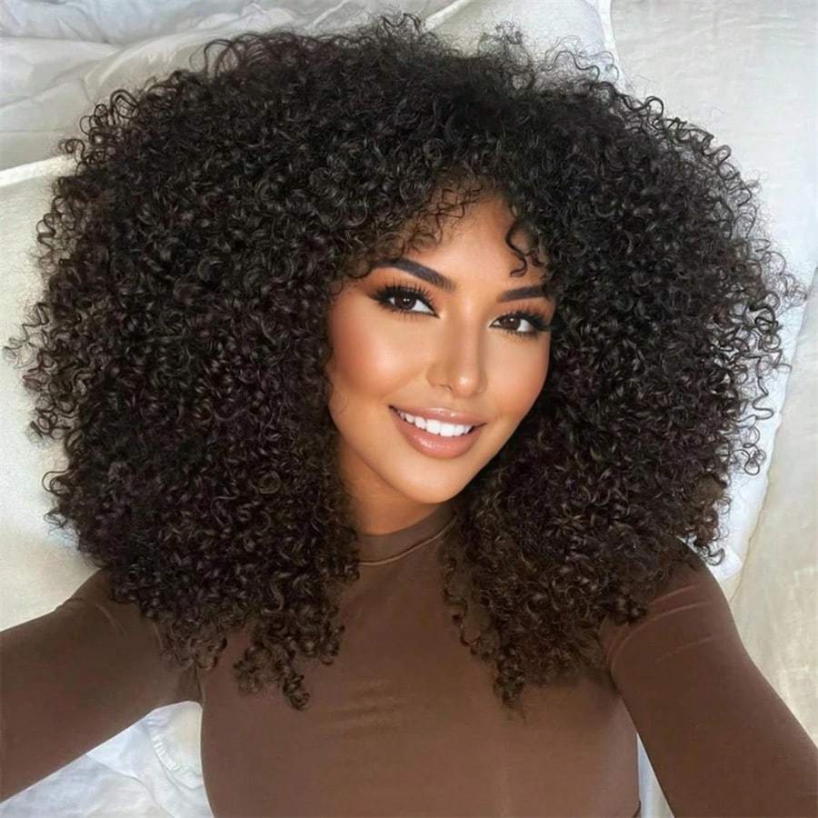 16" Soft & Fluffy Afro Kinky Curly Wig with Bangs - Natural Black Human Hair for Women, Perfect for Daily Wear, Parties, and Cosplay