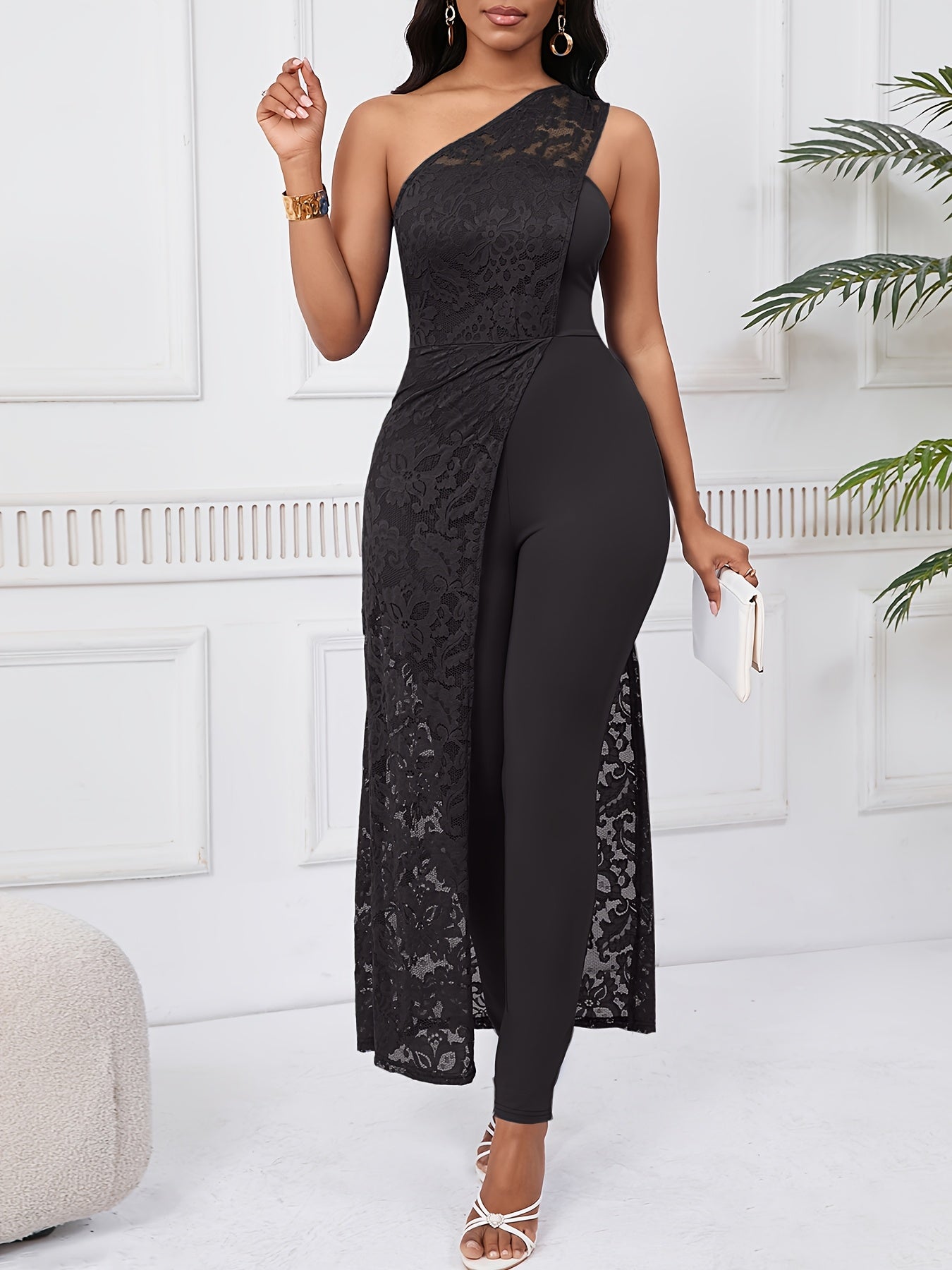 Elegant Women's One-Shoulder Blue Lace Jumpsuit with Floral Patterns and Sheath Skirt - Polyester/Spandex Blend, Machine Washable, Perfect for Formal Occasions, Elegant Event Clothing|Sleek Fitted Design|Intricate Lace Patter