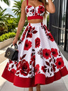 Elegant Floral Print Two-Piece Skirt Set - V-Neck Crop Top & High-Waist Flared Skirt, Polyester/Spandex Blend, Machine Washable, Perfect for Spring/Fall Fashion