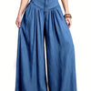 Solid Color Loose Pleated Women's Denim Bell Bottom Pants