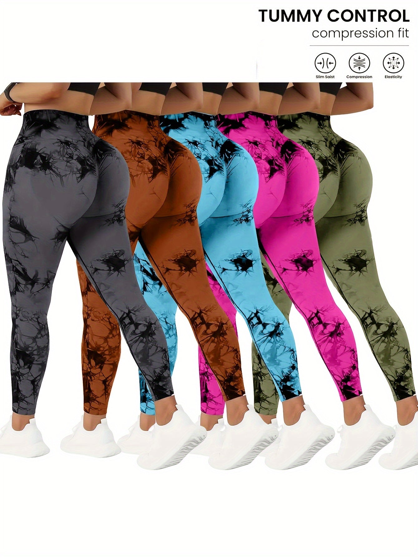 [5-Pack Tummy Control Yoga Pants] 5-Pack High Waist Tummy Control Yoga Pants For Women, Summer Tie.Dye Fitness Leggings, Stretchy Running Peach Lift Workout Tights, Assorted Colors