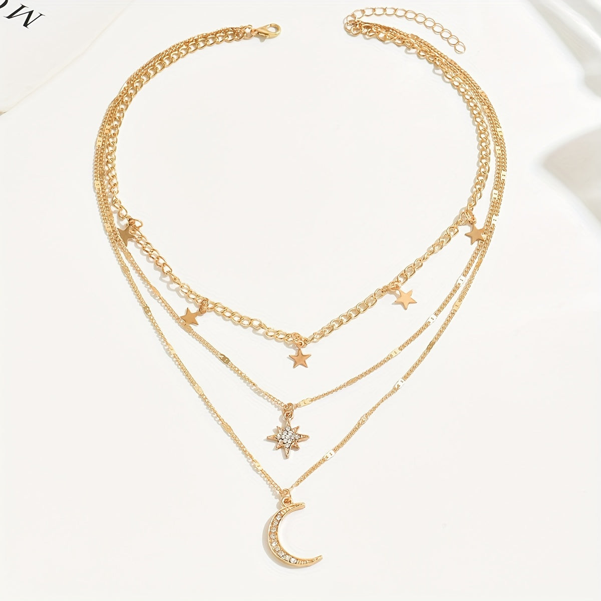 Elegant Boho-Chic Multi-Layer Golden Necklace for Women with Star and Moon Pendants, Sparkling Rhinestone Accents - Vintage/Bohemian Style, Zinc Alloy, Perfect for Casual Attire, Charm Necklace