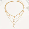 Elegant Boho-Chic Multi-Layer Golden Necklace for Women with Star and Moon Pendants, Sparkling Rhinestone Accents - Vintage/Bohemian Style, Zinc Alloy, Perfect for Casual Attire, Charm Necklace