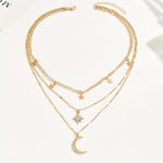 Elegant Boho-Chic Multi-Layer Golden Necklace for Women with Star and Moon Pendants, Sparkling Rhinestone Accents - Vintage/Bohemian Style, Zinc Alloy, Perfect for Casual Attire, Charm Necklace