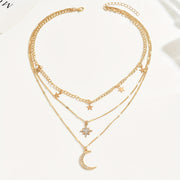 Elegant Boho-Chic Multi-Layer Golden Necklace for Women with Star and Moon Pendants, Sparkling Rhinestone Accents - Vintage/Bohemian Style, Zinc Alloy, Perfect for Casual Attire, Charm Necklace