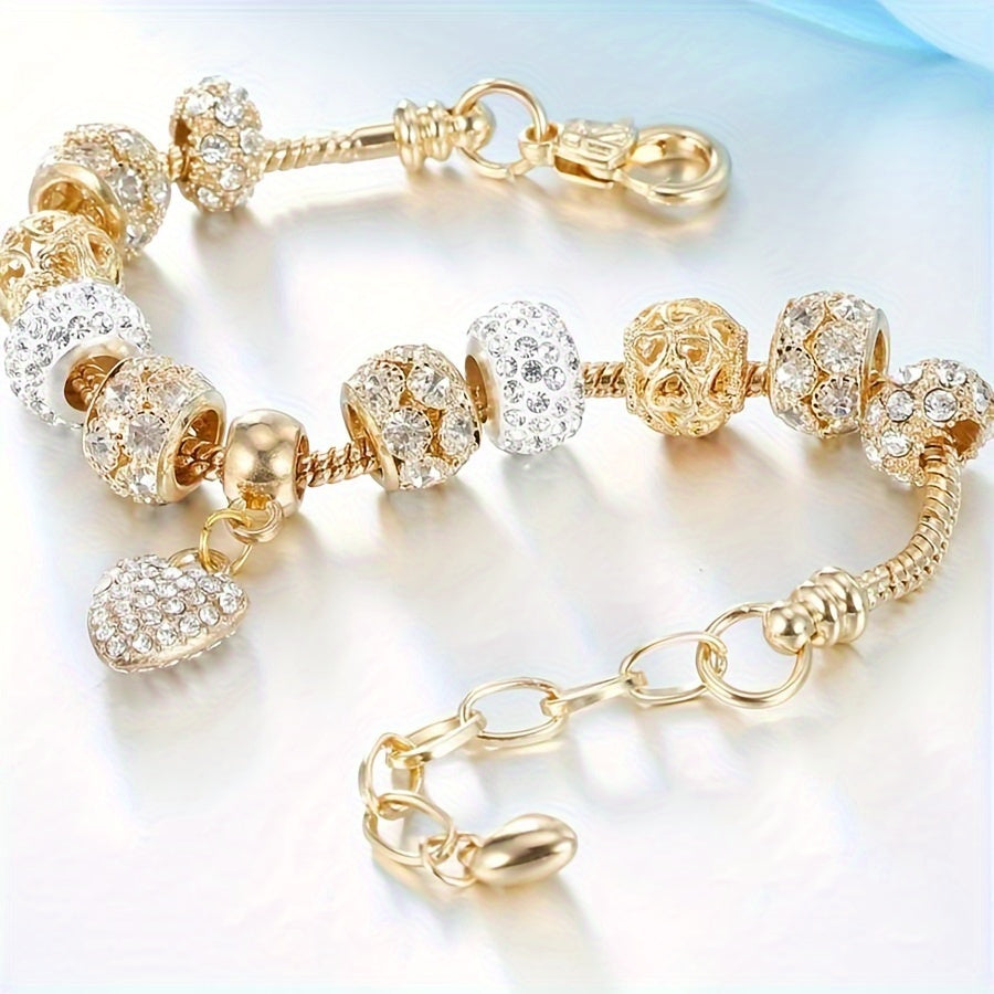 Elegant 14K Golden Plated Copper Bracelet with Glass Beads and Heart Charm for Women - Party and Vacation Accessory