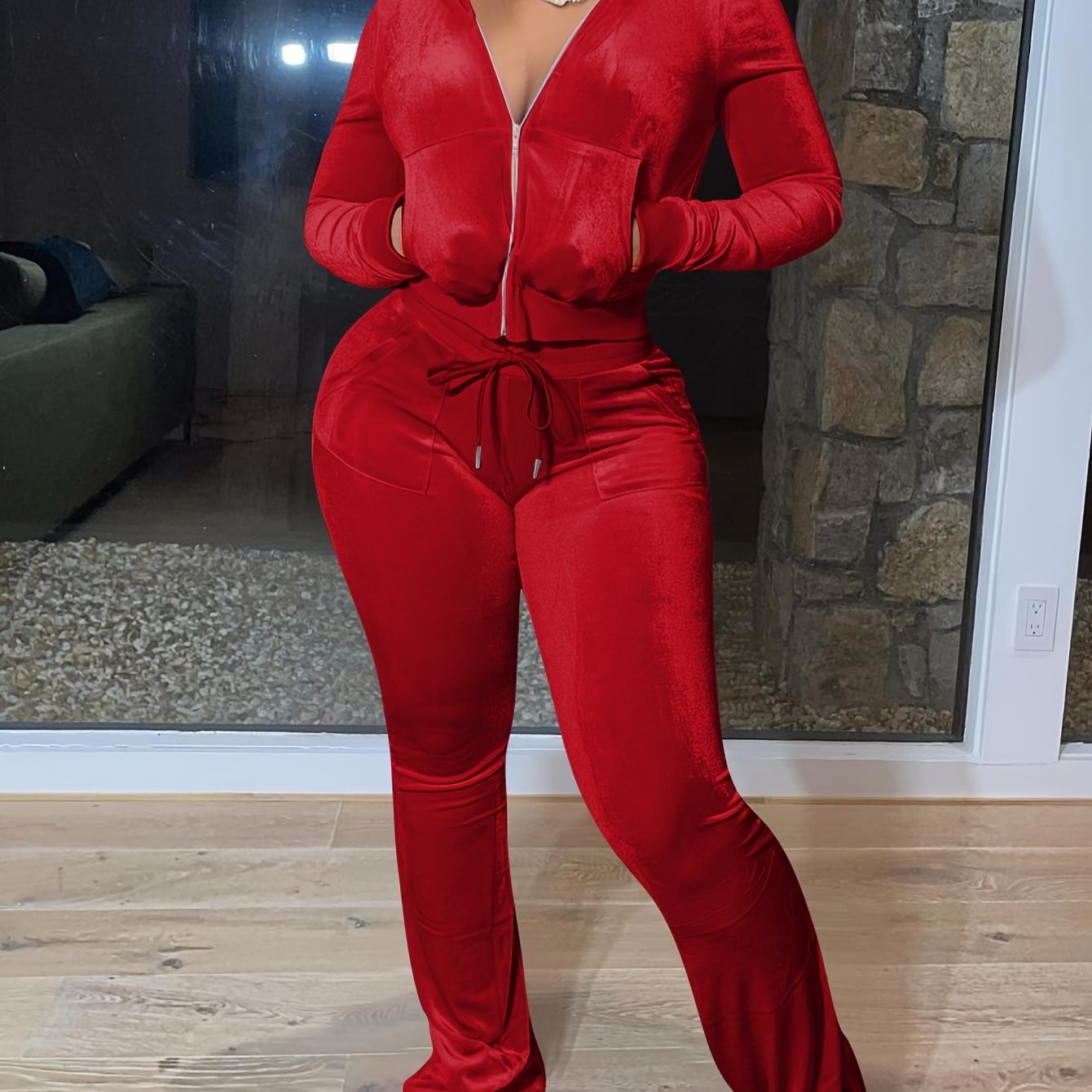European And American Women's Fashion Casual Solid Color Velvet Hooded Two-piece Set