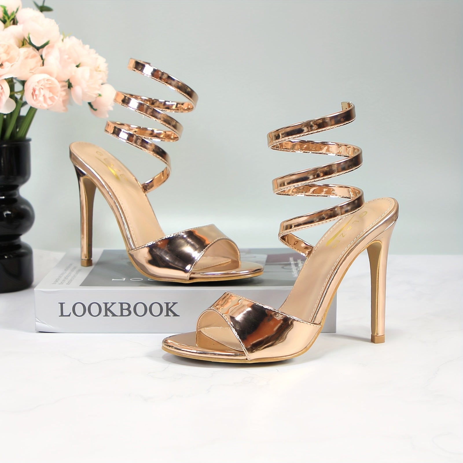 Women'S Open Toe Spiral Wrap Up Strappy High Heels Sandals, Golden Women'S Sexy Stiletto Sandals
